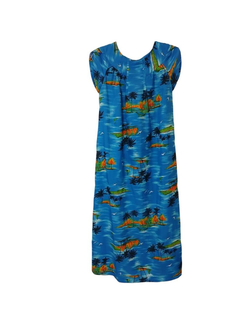 VTG Pacific Isle Creations Hawaiian Sz 8 Maxi Dress Blue W/ Tropical Island #C-4 - Picture 7 of 7